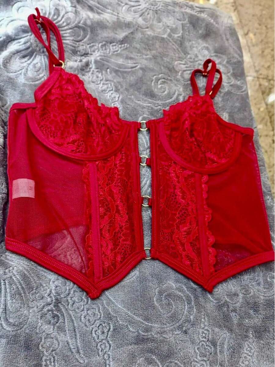 Women's Lace Corset With Rings | Adjustable Straps And Back Adjustment | Fashion Blogger Sexy Chic Fashion 2025 Cropped Corset Top Party Club Fashion - 紅色 - 查看 1