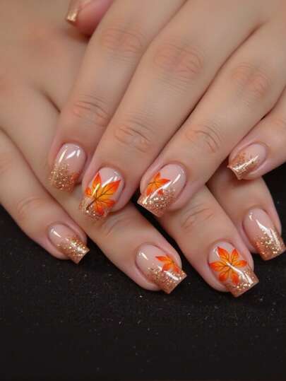 Elevate Your Style With 24pcs French Tip Short Square Shape Press On Nails Glossy Orange Golden Leaf Glitter Fit Perfectly Fake Nails Kit Full Cover False Nails Includes 1sheet Adhesive Tabs & 1pc Mini File For Daily Dating Office Home Party Women Jewelry Accessories False Nail Tips 1 File Strip Jelly Gel