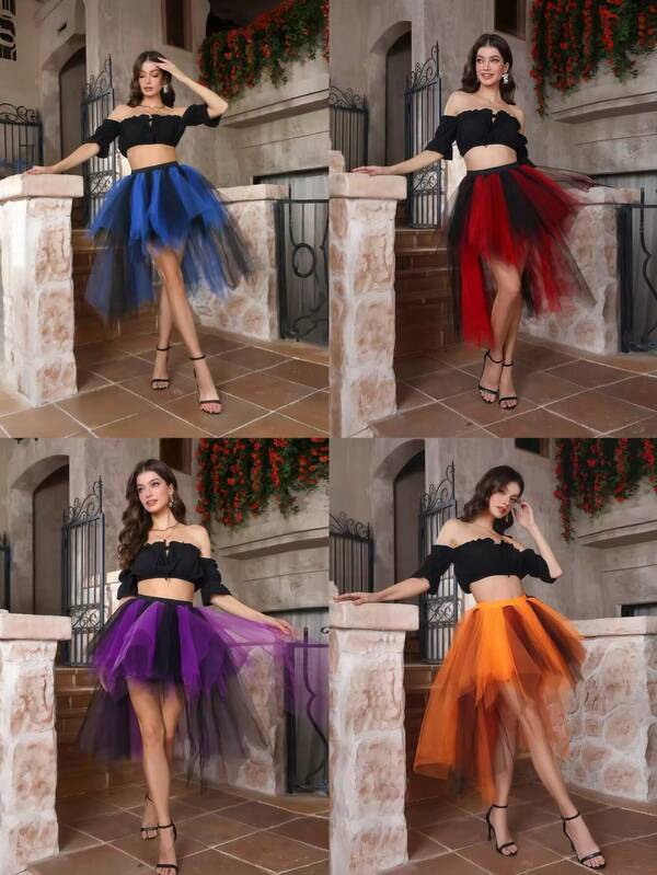 1pc Women's Colorblock Asymmetric Fishtail Dress, Blue/Black, Red/Black, Orange/Black, Purple/Black, Fuchsia/Black, Short Front Long Back Asymmetrical Hem, Suitable For Weddings, Parties, Performances, Bridal Parties, Stage Shows, Cosplay, Photography, Dance