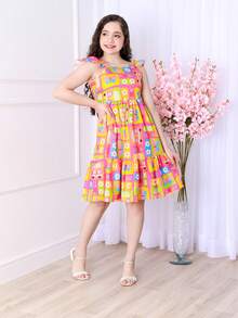 Short Printed Children's Tank Top Dress - 玫瑰紅 - 查看 4