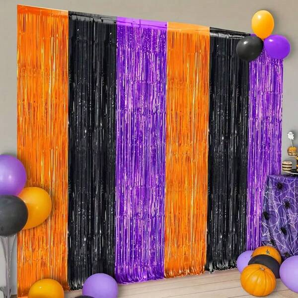 Cortinas de fondo de plástico de color liso y de colores mixtos con temática de Halloween de 200*100cm, decoración para fiestas de Navidad, con borlas de papel de aluminio negro, naranja y morado, fondo fotográfico adecuado para fiestas de Halloween y Navidad
