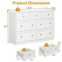 7 Drawer Dresser, 47'' Wide Modern Chest Of Drawers With Gold Knobs, Wooden TV Stand Storage Organizer For Bedroom, Living Room, Entryway, White - 白色 - 查看 5