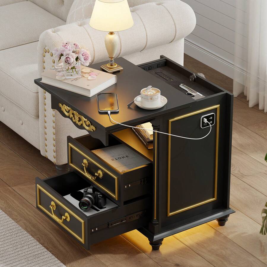 HNEBC European Classical Nightstand With Gun Drawer, 20" Vintage Bedside Table With LED Lights & Charging Station, Tall Rustic Wood Sofa Side End Table With 2 Drawers For Bedroom - Xem 1