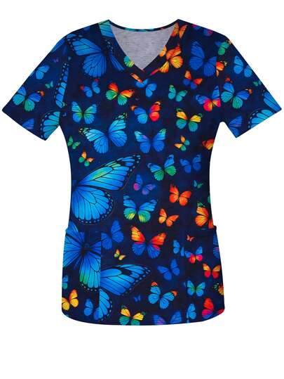 Women's Colorful Butterfly Print V-Neck Short Sleeve Knit Fabric Nurse Uniform Top With Pockets, Regular Fit