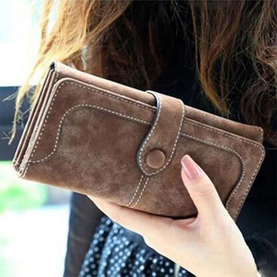 Popular bolso de mano de mujer de alta calidad de cuero PU esmerilado retro europeo y americano hebilla plegable multitarjeta de moda larga YIQC - verde - Ver 1