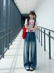 YEAE | Women's Casual Long Straight Leg Jeans, With Buttons, Zipper And Pockets, Non-Stretch Fabric, Blue Washed