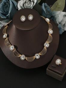 4 件套全新 18K 镀金金祖母绿项链 + 耳环 + 戒指首饰套装不褪色，闪亮奢华，适合日常佩戴，可作为送给妻子和姐妹的礼物