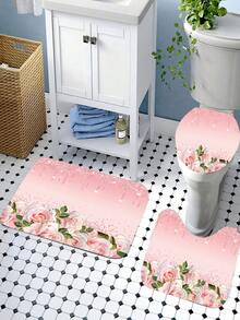1/3/4 Piece Pink Elegant Rose Shower Curtain Set, Bathroom Window Curtain Shower Set, Shiny Bathroom Shower Curtain, Bathroom Set, Waterproof Shower Curtain, Bathroom Accessories, Bathroom Rug, U-Shaped Toilet Mat, Toilet Seat Cover, Bathroom Decor With 12 Hooks, Home Decor, Daily Decoration