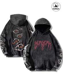 Men's Street Style Graphic Hoodie Sweatshirt, Slightly Stretchy, Slim Fit, Distressed Wash, Paired With Black Cotton Long Sleeve Pullover, Casual Daily & Back To School Essential Hoodie - Black - View 1