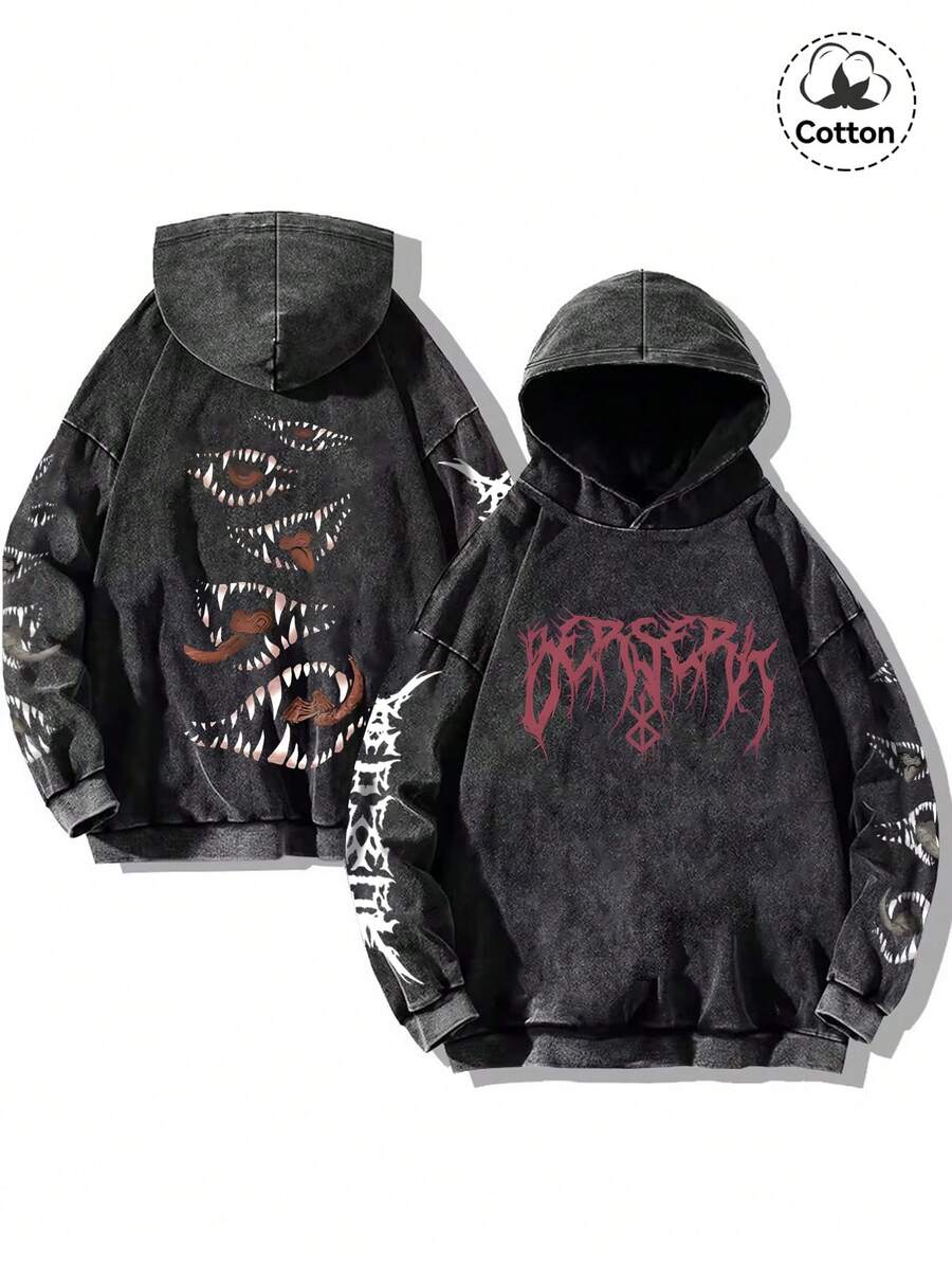 Men's Street Style Graphic Hoodie Sweatshirt, Slightly Stretchy, Slim Fit, Distressed Wash, Paired With Black Cotton Long Sleeve Pullover, Casual Daily & Back To School Essential Hoodie - Black - View 1