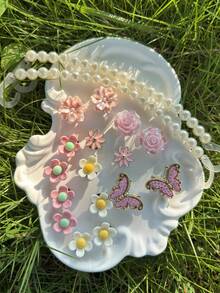 18pcs Pink Butterfly, Rose, Flower Shoe Charms, ABS Pearl Chain Shoe Decorations Suitable For Wooden Sole Shoes, Beach Sandals, Flip Flops DIY Accessories, Perfect Holiday Gift