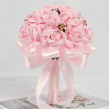 Wedding Bouquet Rhinestone Artificial Bridal Flower Bouquets With Ribbons Wedding Photo Booth Props Wedding Decorations - Pink - View 1