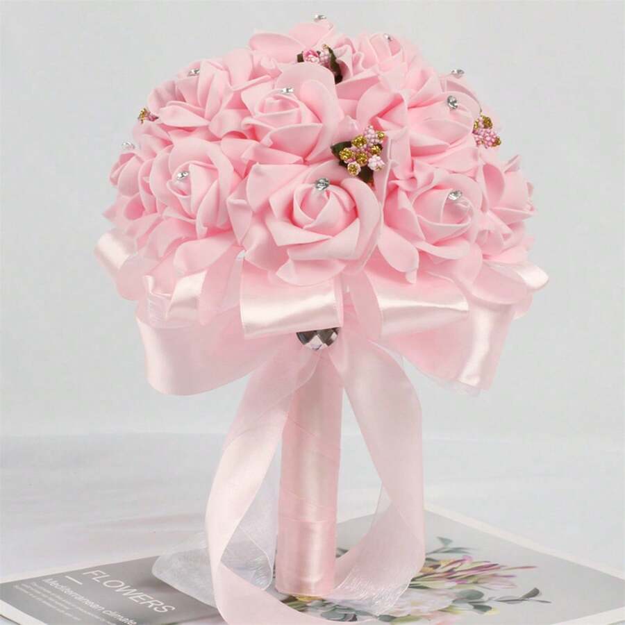 Wedding Bouquet Rhinestone Artificial Bridal Flower Bouquets With Ribbons Wedding Photo Booth Props Wedding Decorations - Pink - View 1