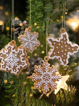 5 st mini pepparkaksformade julgranskulor - konstgjorda träsnöflingor och stjärnhängande dekorationer med rep, bruna och vita glasyrliknande mönster för julgran, kransar, girlanger och juldekorationer