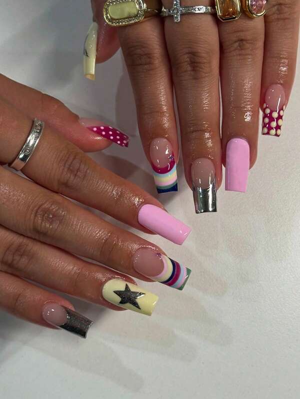 24 Pcs Of Medium-Length Square Acrylic Press On Nails Gift Box Dopamine Rainbow Graffiti French Edge Test Rub Pink Silver Five-Pointed Star Yellow And White Polka Dot Sweet Cool Girl Y2K Banquet, Party Portable FaKE Nails With Jelly Glue 1 Piece Rub Strip 1