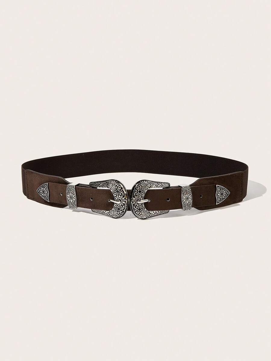 1pc Women's Western Cowgirl Style Elastic Double-Breasted Waist Belt, Suitable For Everyday Wear - Coffee - View 1