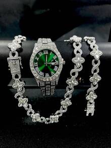 Luxury Alloy Men's Quartz Watch With Rhinestone & Crystal Inlaid, Date Display, Paired With Hip Hop Cuban Link Necklace And Bracelet Set - Necklace Set - View 9