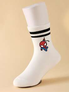 Marvel 5 Pairs Kids Socks, Superhero Spider-Man Socks, Boys' Mid-Calf Socks, Double Bars Korean Style Black & White Cartoon Socks, Autumn/Winter, Girls' Spider-Man & Superhero Character Socks - Multicolor - View 9