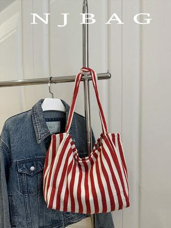Striped Casual Large Capacity Simple Shopping Vacation School Tote Bag, Chic Retro Striped Canvas Tote Bag, Literary Large Capacity Spacious & Versatile, Ideal For Work, School Or Day Out, School Bag, Canvas Bag, Beach Bag