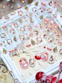 Forest Style Christmas Rabbit Relief Gold Plated Nail Stickers Christmas Tree Wreath Rabbit Small Pattern