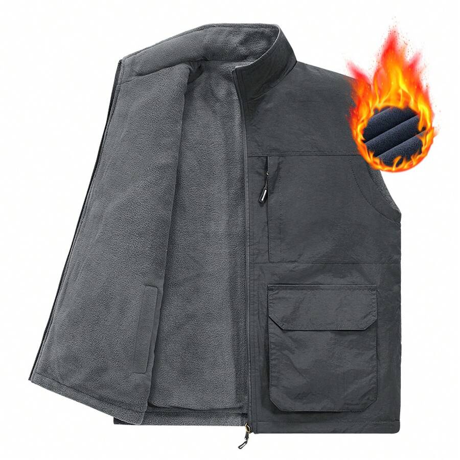 Winter New Fleece-Lined Thickened Reversible Fleece Vest Outdoor Workwear Loose Fit Plus Size Multi-Pocket Vest For Men - Grey - View 1