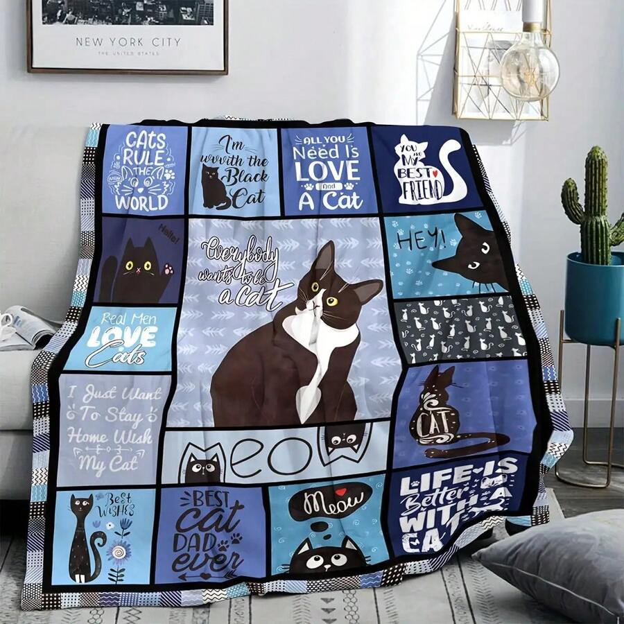 Comfortable Lover Flannel Blanket - Soft, All-Season Use With Fun Black Pattern And Geometric Shapes - Washable, Suitable Sofa Or Bed Use B6OK - Multicolor - View 1