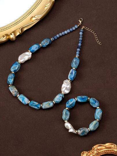 2pcs/Set Vintage Baroque Style Faux Pearl Bohemian Exaggerated Bicolor Resin Beaded Necklace And Bracelet Set, Suitable For Women's Daily, Party, Banquet, Vacation Wear
