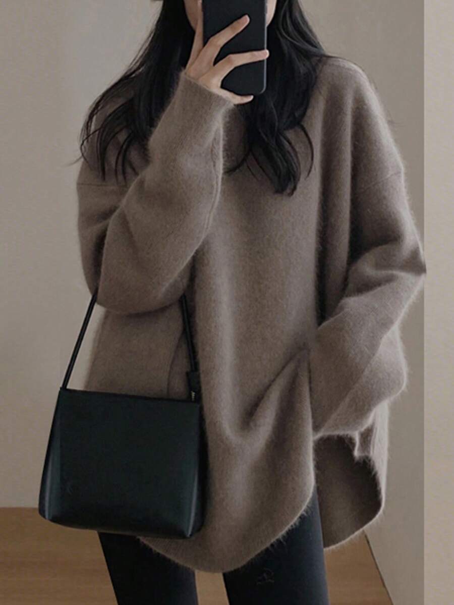 Alicedudu Suéter holgado de estilo minimalista de longitud midi para mujer, apto para otoño/invierno