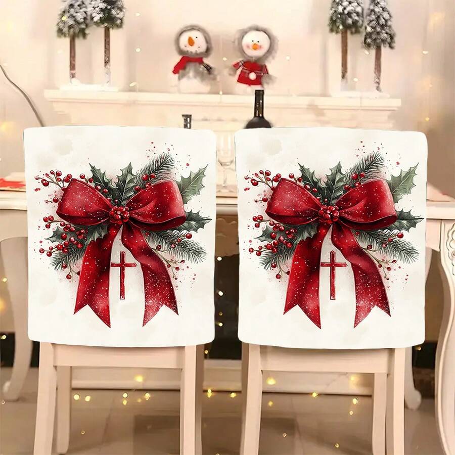 1 pièce/4 pièces/6 pièces/10 pièces Housse de chaise en peluche courte imprimée de nœud de ruban de branche de pin, de baie rouge et de feuille de houx. Protecteur de de chaise en peluche amovible pour salle à manger, salon, toutes saisons, décoration de Noël