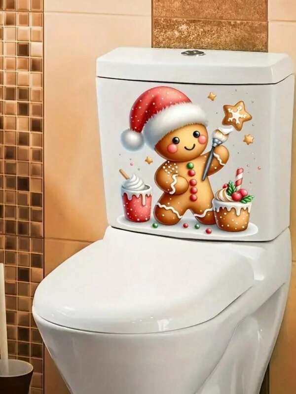 1 pieza Pegatina de inodoro de hombre de jengibre navideño, decoración de pared de baño para vacaciones, plástico autoadhesivo, cuadrado semibrillante, decoración navideña reutilizable