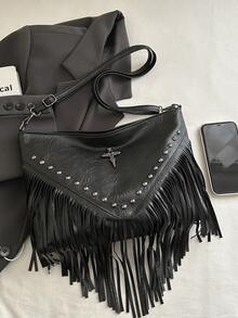 Fashionable Retro Leather Crossbody Bag, Bohemian Style Shoulder Bag Fringe Rivet Decor Square Wallet Casual - Black - View 3