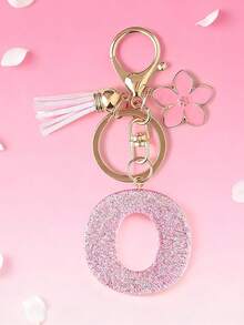 1pc DIY Pink 26 English Alphabet Keychain, Resin Glitter Flower Tassel Key Chain For Women Christmas Gift