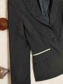 Set de 2 piezas de traje de oficina y uso diario con blazer de manga larga y pantalones con bloques de color y ribete a rayas para mujer, para otoño/invierno