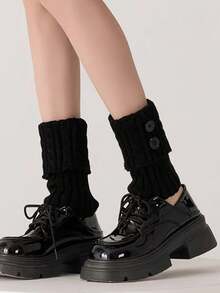 1 Paar Damen Schwarze gestrickte kurze Beinwärmer, modisch, vielseitig, weich & hautfreundlich mit Knopfverzierung