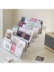 1 件现代透明亚克力贺卡展示架 - 塑料收纳架，用于明信片、名片和记事卡，带多个插槽 - 桌面支架，适用于花店、零售店和礼品店
