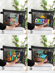 Bolsa de maquillaje de malla con patrón de letras de vida de crucero con árboles de coco, conchas, ballenas, estrellas de mar, bolsa de almacenamiento de cojín de aire rojo, bolsa de almacenamiento portátil, bolsa de maquillaje, bolsa de cuidado de la piel, artículos esenciales de viaje, suministros de dormitorio, regalos de novia de boda, regalos para madres, regalos de cumpleaños, regalos adecuados para miembros de la tripulación, regalos para amigos y maestros, organizador de maquillaje de vacaciones de vacaciones, bolsa de viaje para mujeres