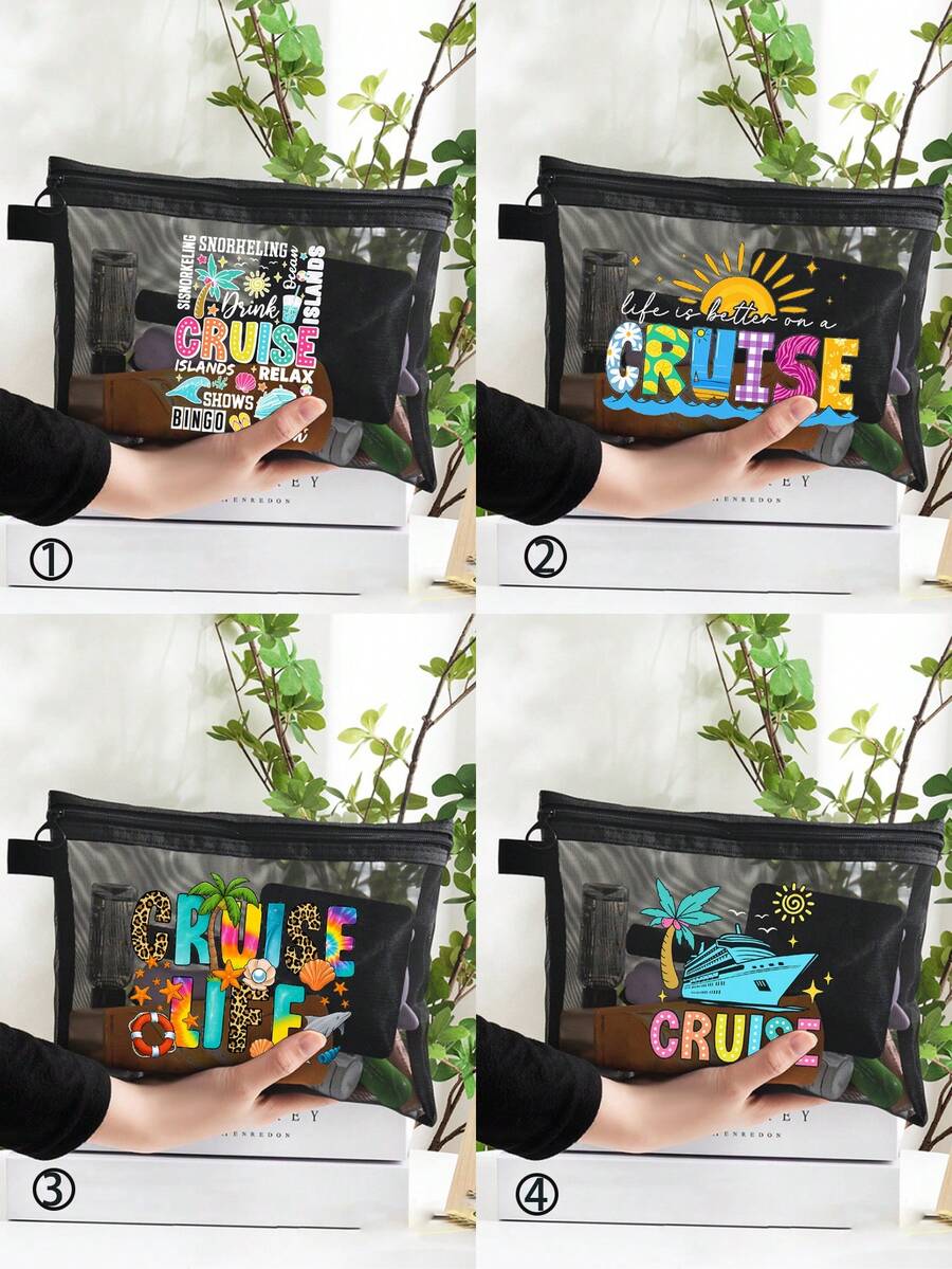 Bolsa de maquillaje de malla con patrón de letras de vida de crucero con árboles de coco, conchas, ballenas, estrellas de mar, bolsa de almacenamiento de cojín de aire rojo, bolsa de almacenamiento portátil, bolsa de maquillaje, bolsa de cuidado de la piel, artículos esenciales de viaje, suministros de dormitorio, regalos de novia de boda, regalos para madres, regalos de cumpleaños, regalos adecuados para miembros de la tripulación, regalos para amigos y maestros, organizador de maquillaje de vacaciones de vacaciones, bolsa de viaje para mujeres
