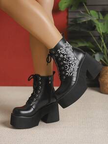 哥特式系带刺绣厚底踝靴，侧拉链，朋克摇滚风格 - 黑色 - 查看 21