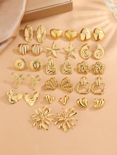 32 piezas Conjunto de aretes de acero inoxidable con tono dorado en estilo minimalista. Elegante y versátil, con diversos estilos. Adecuado para fiestas, bodas y uso diario (surtido aleatorio)