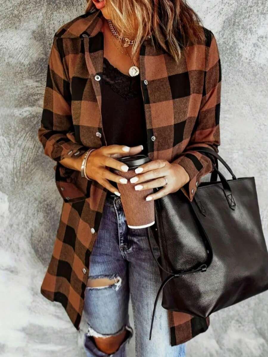 Camisa con botones y estampado de cuadros, camisa de manga larga informal para mujer, primavera y otoño