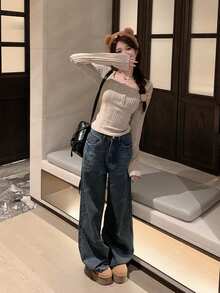 简约罗纹长袖修身短款 T 恤