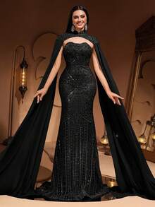 AMILUCK 奢华高端亮片蕾丝雪纺花瓣袖美人鱼长裙，优雅适合正式晚宴、婚礼宾客、红毯活动、新娘礼服（春季黑色） - 黑色 - 查看 3