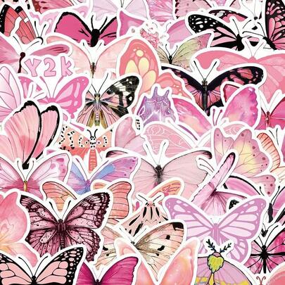 50pcs Pink Butterfly Animal Cartoon Cute Graffiti Stickers, Creative Decorative Stickers For Boxes, Skateboards, Water Bottles, Guitars, Self-Adhesive