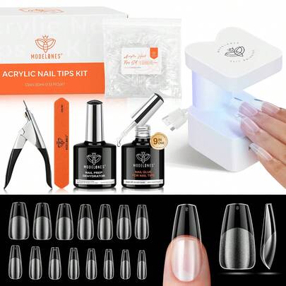 Modelones Gel Nail Kit Medium Coffin, Upgrade 510Pcs Fake Nails, 9-In-One Glue Prep Dehydrator & Portable Mini U V Light Acrylic Clipper, Coffin Tips Extension Kit For DIY Salon Home Gifts
