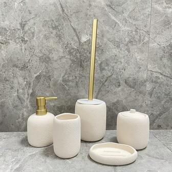 米色火山石纹理浴室五件套：乳液皂液器、杯子、皂碟托盘、棉签盒、马桶刷