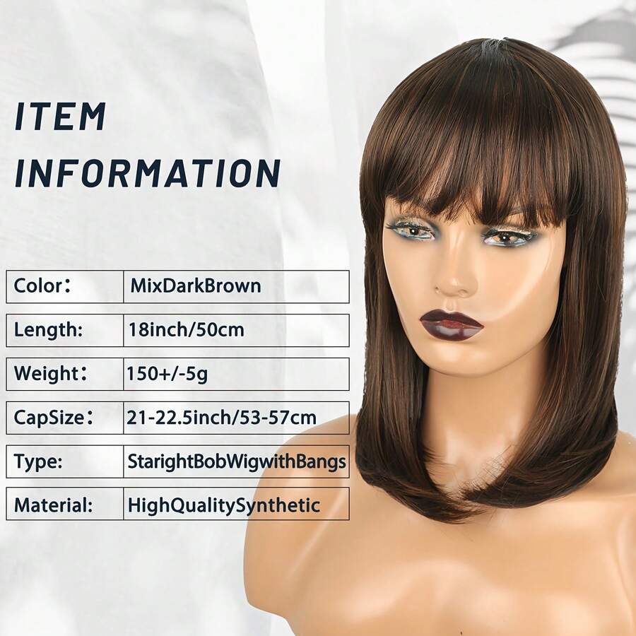 TOPSHE elegante Ausstrahlung 14-Zoll braunes schulterlange glattes Haar mit Pony, hitzebeständige synthetische Perücke, Perücken für Frauen, für den täglichen Gebrauch, Partys, Festivals