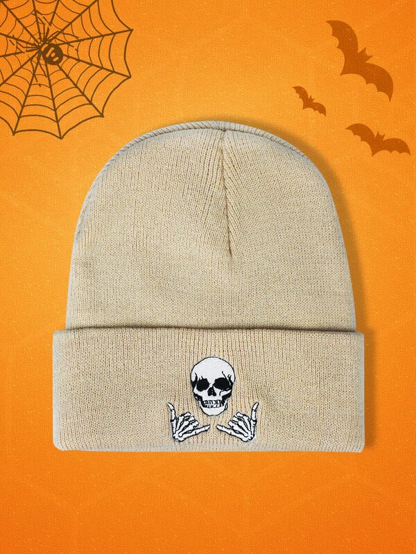 قبعة صوفية مطرزة بشعار الجمجمة للنساء، قبعة دافئة للخارج، موضة متعددة الاستخدامات، مناسبة للخريف والشتاء