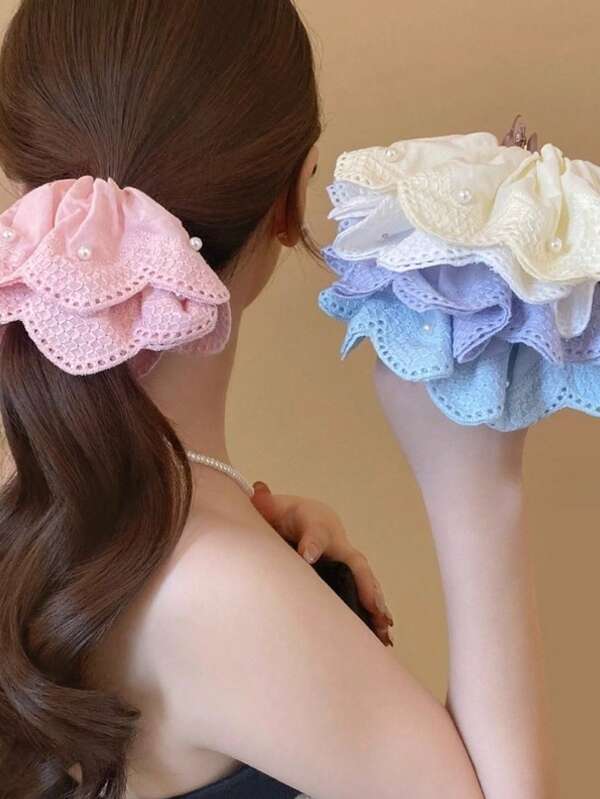Fashionable Faux Pearl Decor Casual Shell Trim Hair Scrunchie ,Ponytail Holders ,Hair Elastics ,Hair Rubber Bands ,Scrunchies ,Hair Rope ,Elastic Hair Tie