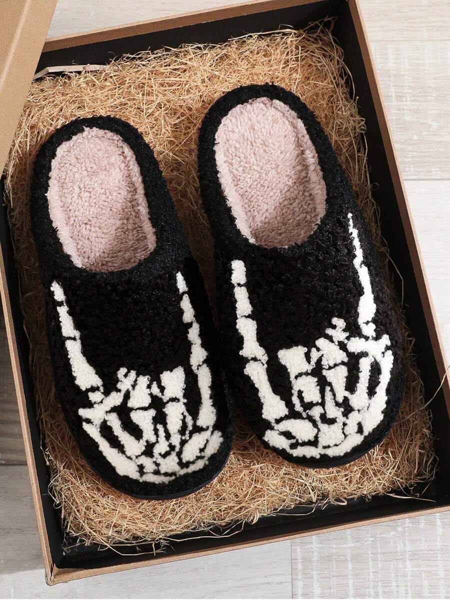 1 Pair Black Halloween Plush Slippers, Punk Skeleton Finger Rock Hand Gesture Embroidered Fluffy Slip-On Slippers For Men And Women, Cozy Indoor Bedroom Floor Non-Slip Warm Thick Sole Fur Slippers, Perfect Gift For Fall & Spooky Season