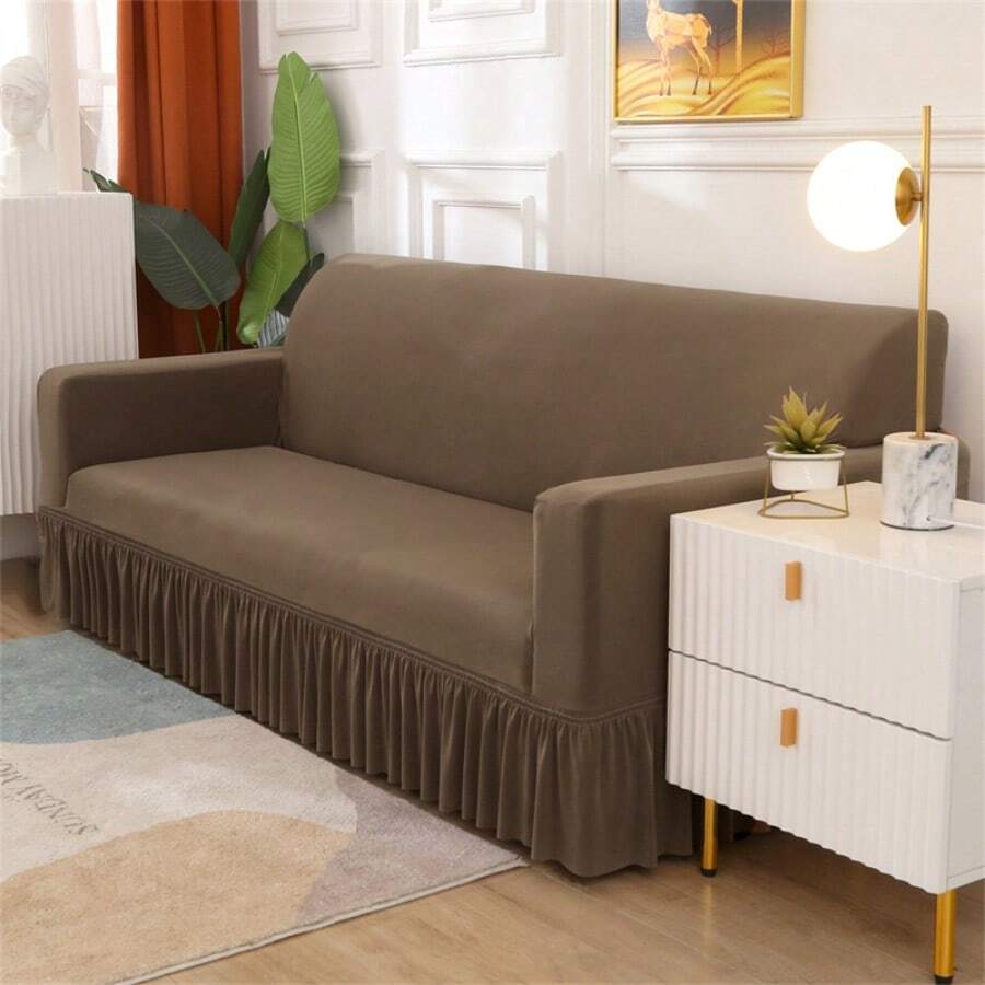 1 pieza Funda de sofá con volantes, Funda de sofá de estiramiento de unicolor de cobertura completa, de poliéster, adecuada para todas las estaciones, minimalista y moderna - Camel - Ver 1
